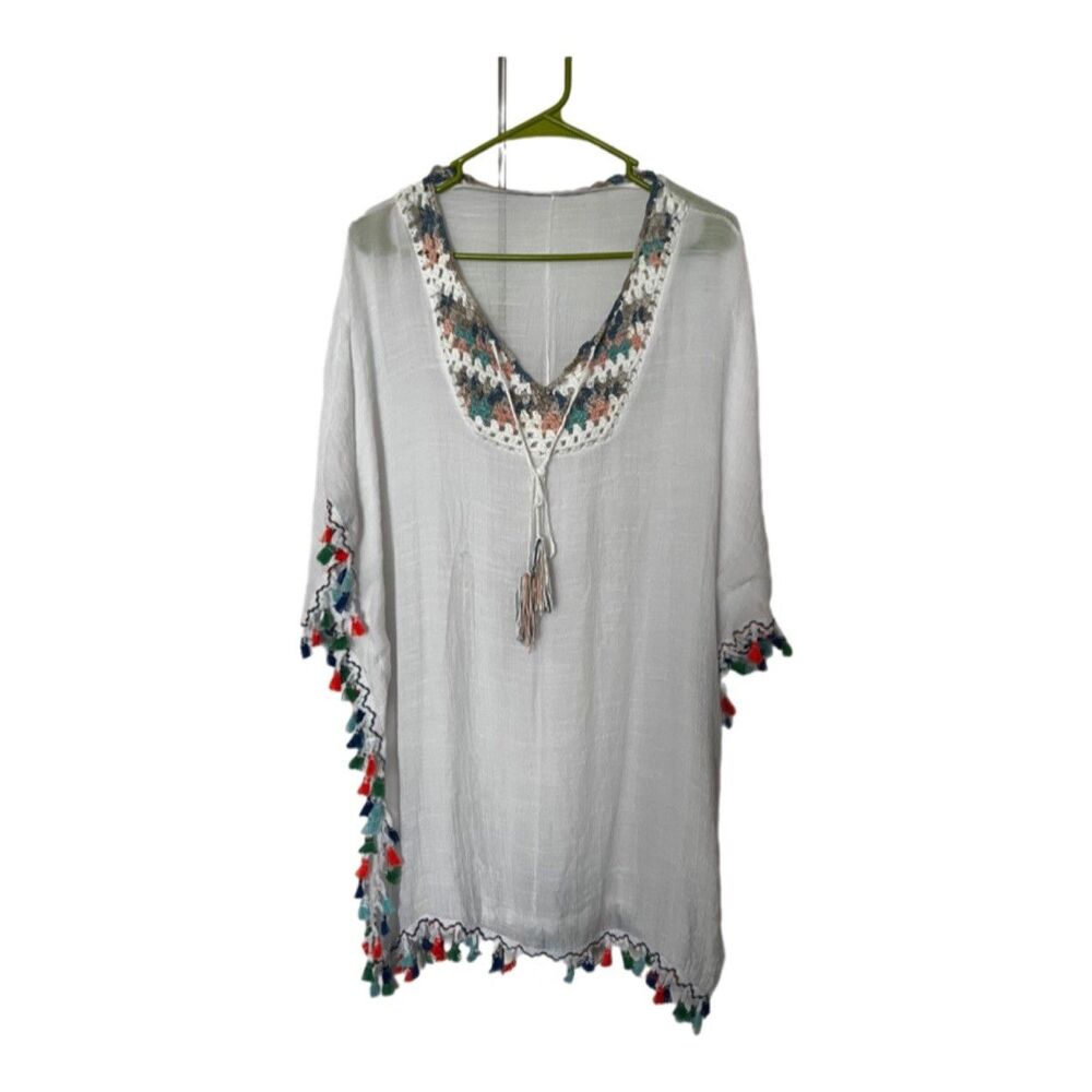Milana Fashion White Cotton Blend Color Tassel /crochet Swim Cover  L/XL